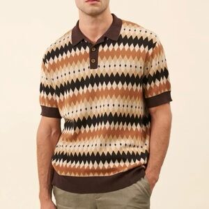 Bound Argyle Retro Cut Knit Polo Sweater, Brown & Black, Size M